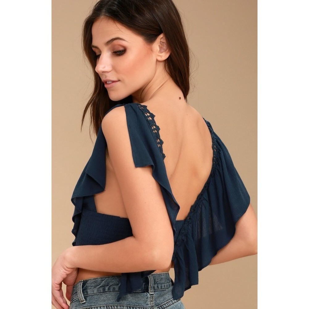 Lulus Saturday In The Park Navy Blue Lace Crop Top - Size Small